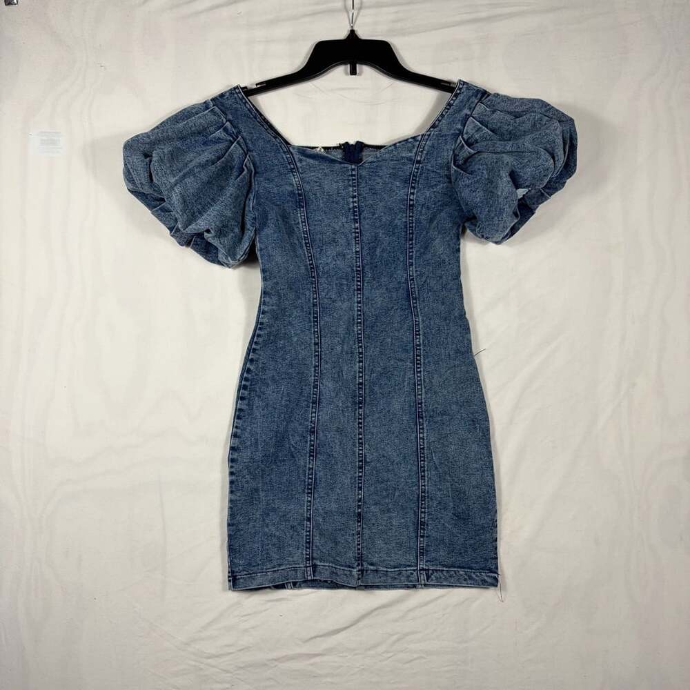 Meiming Brand Denim Dress Size S Square Neck Puff Sleeve Blue